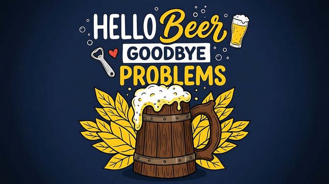 Fun illustration of a wooden beer mug with funny text about forgetting all daily life problems