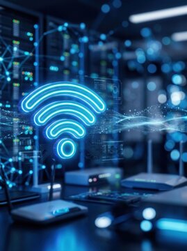 Futuristic WiFi Symbol Illuminates Server Room with Digital Network Connections.