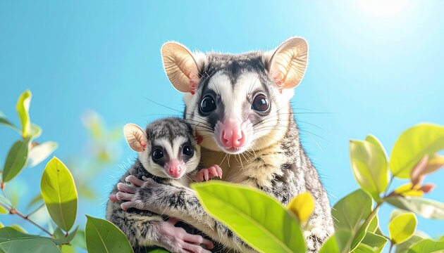 Cute Mother and Joey Family Illustration, Adorable Mother Possum with Her Baby in a Lush Setting
