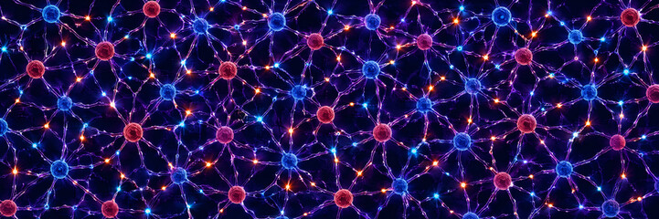 Fototapeta premium Colorful neural network cells interconnected with energy pulses illustration