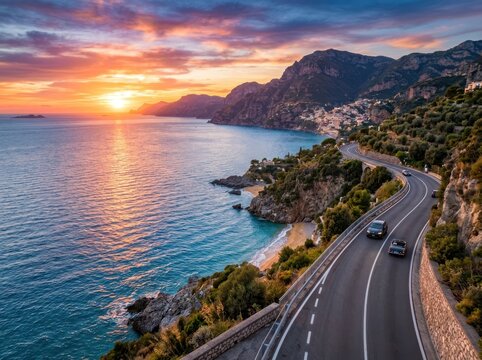 Scenic Coastal Road at Sunset with Ocean Views.