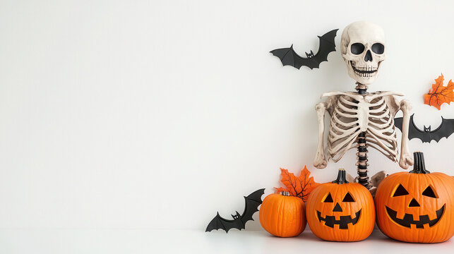 Festive skeleton sits beside carved pumpkins, surrounded by decorative bats and autumn leaves, creating playful Halloween atmosphere