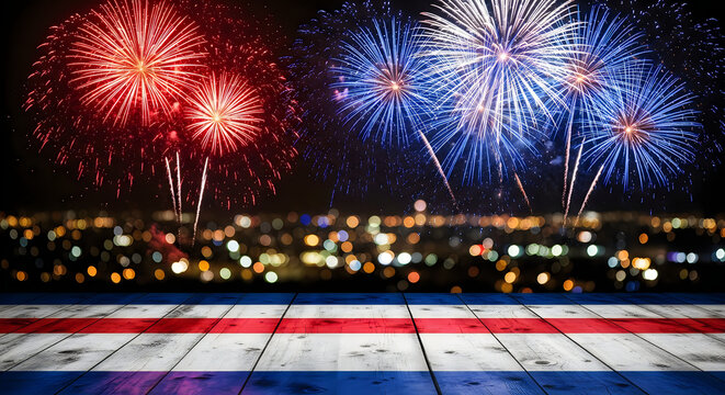 Fourth of July fireworks display over city skyline. Vibrant nighttime celebration with colorful explosions and patriotic lighting.