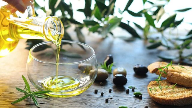 olive oil pouring in a glass bowl	