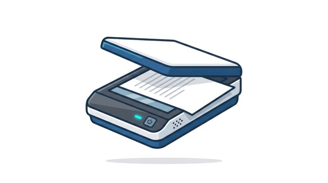 A flatbed scanner with a document inside and lid open ready for scanning digital data