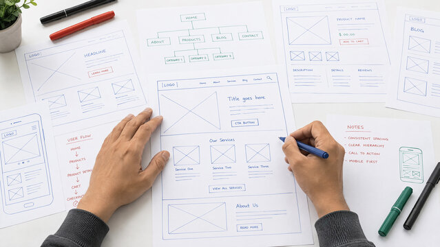 Hands sketching website wireframes for user interface design planning