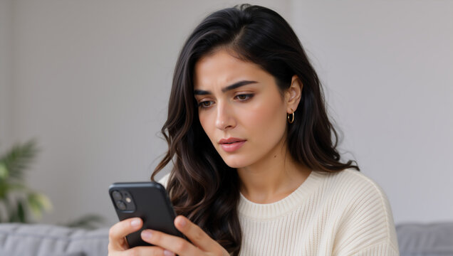 Concerned young woman looking at her smartphone screen. Worried female reading bad news or message on mobile phone at home