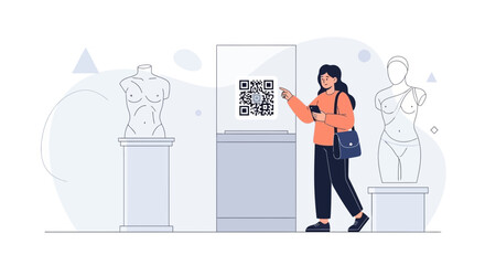 Obraz premium Woman Interacting with QR Code at Museum Exhibit with Ancient Statues, Digital Information Access