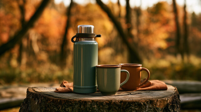 Vintage thermos and ceramic mugs arranged on a weathered tree stump during an autumn picnic, colorful woodland softly blurred behind, cinematic hygge mood