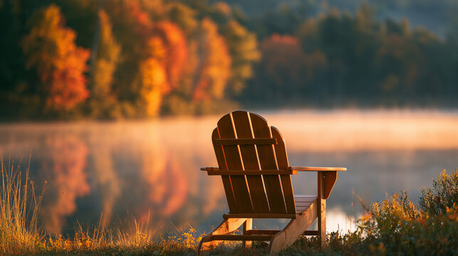 Single wooden Adirondack chair facing a misty autumn lake at sunrise, colorful forest softly blurred behind, peaceful hygge atmosphere