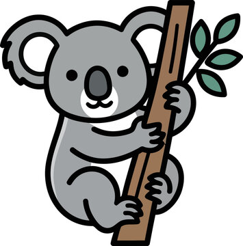 Cute cartoon koala clinging to a tree branch, vector illustration