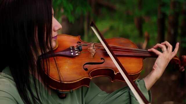 Close-up of a focused violinist performing an expressive melody outdoors in a tranquil green forest setting, highlighting graceful bowing technique and wooden instrument details