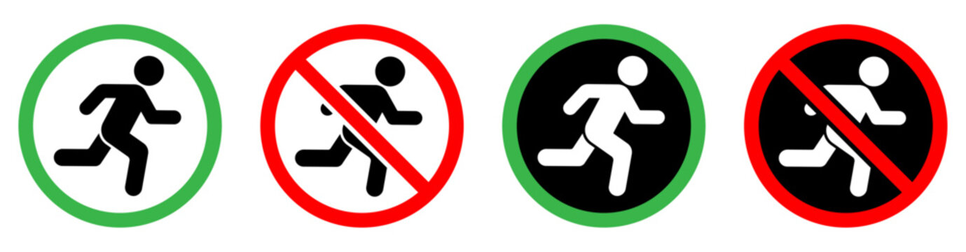 Running, no, running, emergency and prohibition icons for safety signs, evacuation routes, buildings and public facilities.