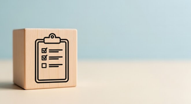 Clipboard symbol printed on wooden block.