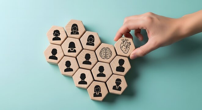 Hexagonal blocks with heart and people.