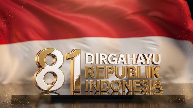 Epic 3D animation of 81 Dirgahayu Republik Indonesia on glass podium against waving full flag background