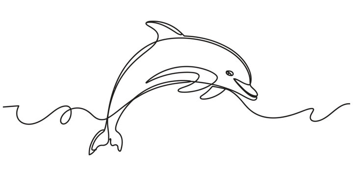 Continuous single line drawing of a jumping dolphin in the ocean