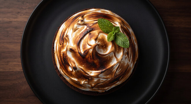A sleek, top-down shot of a single-serving Baked Alaska on a matte black plate, with the meringue torched to create a striking contrast of deep caramel brown and pearly white, accented by a single spr