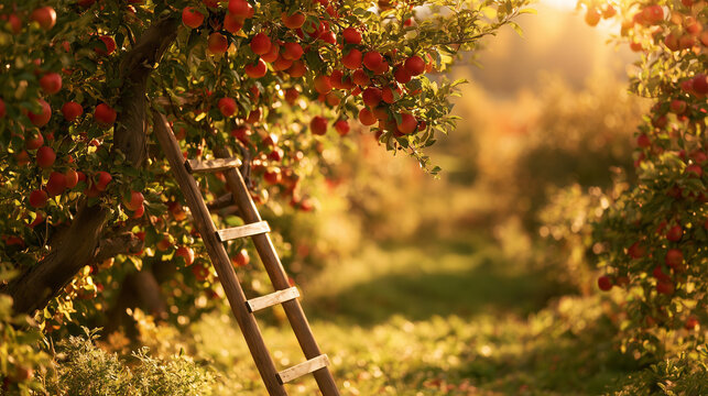 Rustic apple orchard ladder leaning against a tree full of ripe apples, golden autumn landscape softly blurred behind