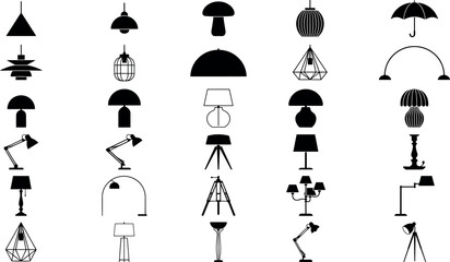 Naklejka premium Modern Lamp and Lighting Fixture Silhouette Icon Set Featuring Desk, Floor, and Pendant Lights for Interior Design and Home Decor Elements