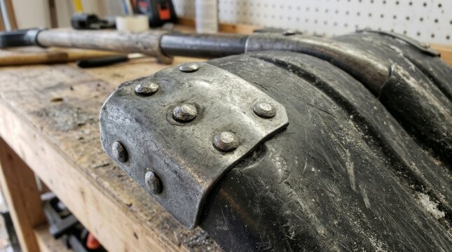 Close view of a curved metal plate with large bolts on a workbench
