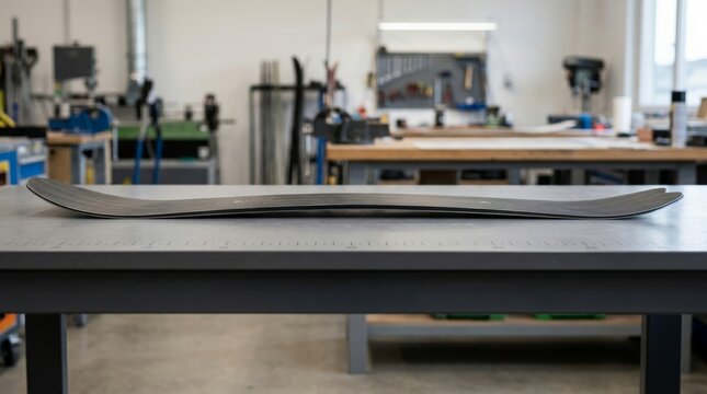 Curved skateboard deck rests on a work table in a workshop.