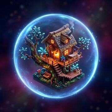 Fantasy 3D isometric treehouse inside a glowing glass sphere with magical forest background