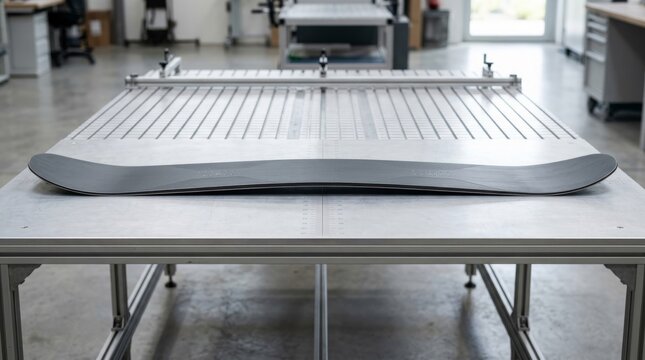 A dark curved board lies on a stainless steel table in a workshop.