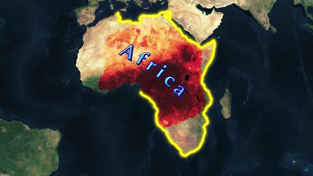 Africa map revealing with fiery gradient showing continental outline and text label video african continent world geography reveal gradient yellow glow orange