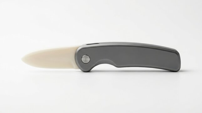 Compact folding knife with ceramic blade and metal handle, sharp object for utility.