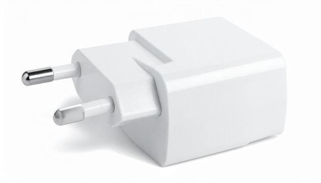 White USB power adapter and smartphone charger wall plug with European pin connection isolated on white background