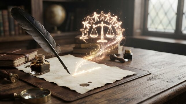 Law and justice abstract concept with quill and old desk