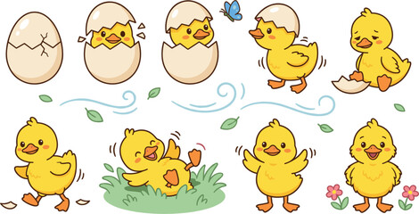 Fototapeta premium Cute Easter Hatching Chick Character Sticker Set with Cartoon Yellow Ducklings Eggs Flowers and Butterfly for Newborn and Kids Graphic Apparel Designs