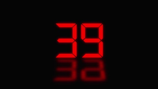 Sports shot clock countdown from 44 to 0. Red digital countdown timer display with reflection on black background, clock