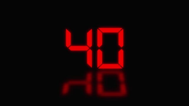 Sports shot clock countdown from 45 to 0. Red digital countdown timer display with reflection on black background, clock