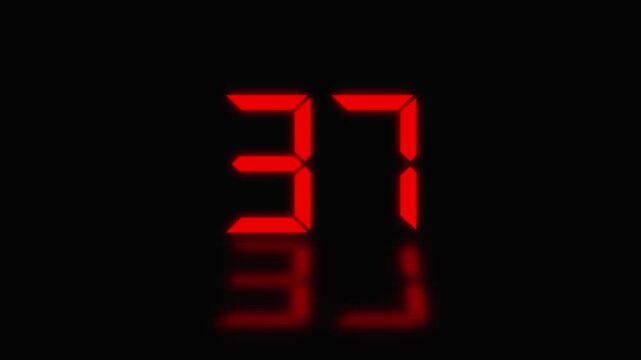 Sports shot clock countdown from 42 to 0. Red digital countdown timer display with reflection on black background, clock