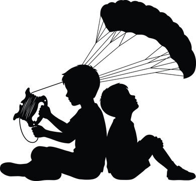 Children playing with toy parachute silhouette vector illustration for kids and games concepts