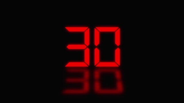 Sports shot clock countdown from 35 to 0. Red digital countdown timer display with reflection on black background, clock