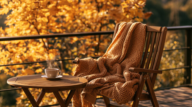 Wooden caffe terrace with a single chair draped in a chunky knit blanket, steaming coffee on the table, golden maple trees softly blurred behind, warm cinematic autumn atmosphere