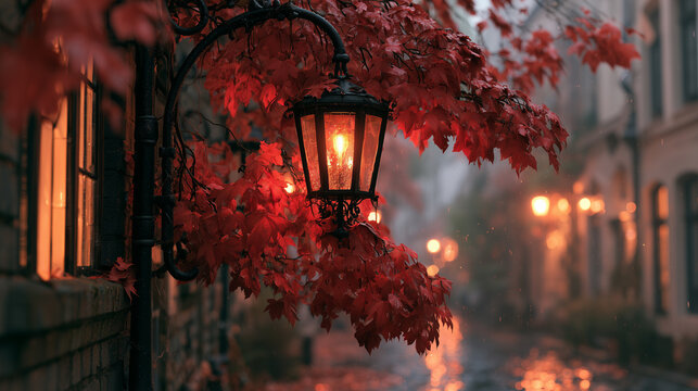 Antique wrought iron street lamp wrapped in fiery red maple leaves, charming European alley softly blurred behind, rainy autumn evening