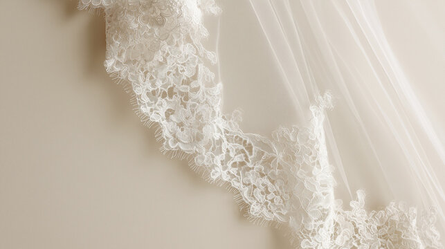 Close-up of delicate lace bridal veil draped across one corner of an ivory background, elegant negative space