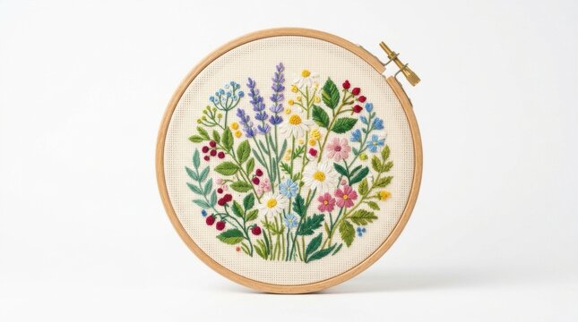Embroidery hoop with colorful floral cross stitch pattern on white background.