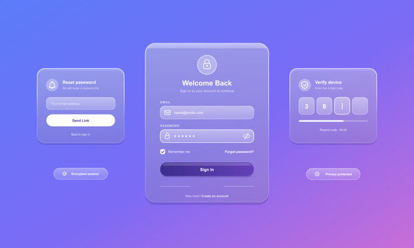 Glassmorphism login interface screens UI UX kit with sign in portal, password reset window, pin code verification panel, and frosted glass elements. Vector login screens