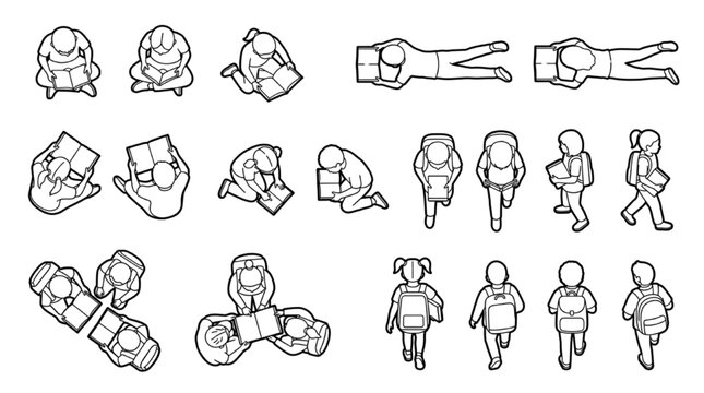 Architectural top view CAD block set of school children walking and reading
