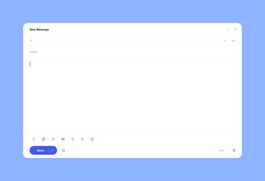 Clean email client interface pop-up window template for composing a new message with text formatting icons, input fields, and send button. Vector email interface UI, UX, Kit