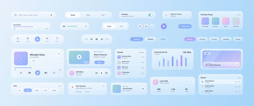 Glassmorphism multimedia streaming application UI UX kit featuring audio video player widgets, music playlists, sound controls, and user statistics panels. Vector media player