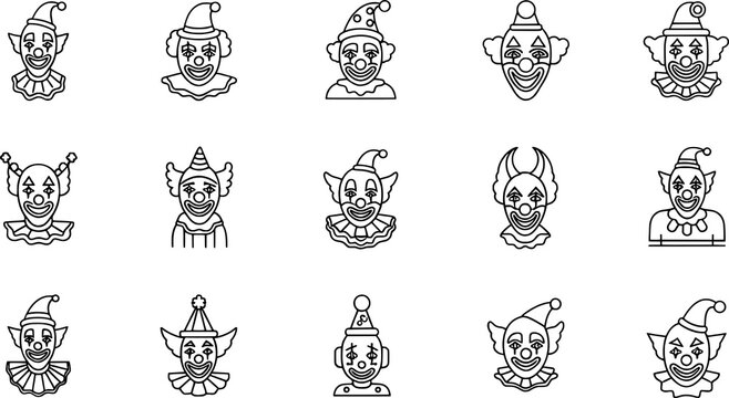 Clown faces icon set, minimalist black white cartoon drawings, circus character variations, playful entertainment design, creative artwork collection