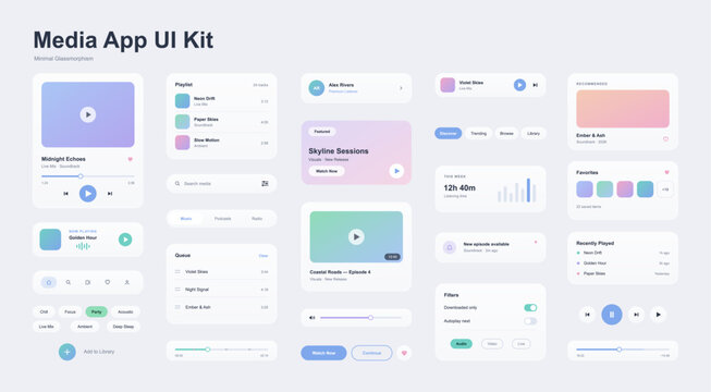 Light mode glassmorphism streaming platform UI UX kit featuring video and music player components, multimedia playlists, search navigation, and audio stats widgets. Vector media player