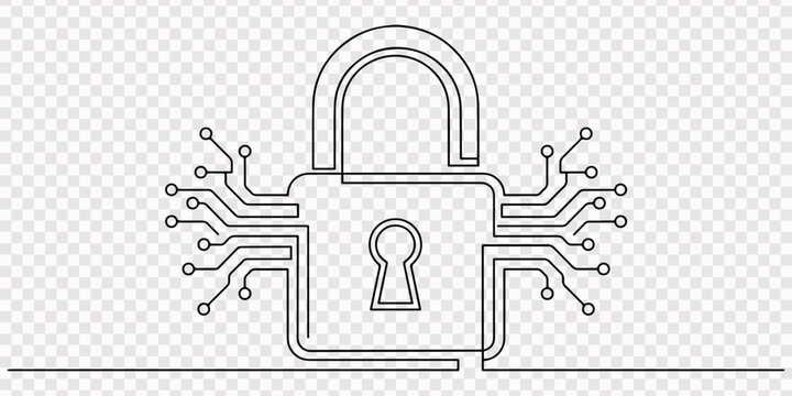 Data Security with Lock. transparent background, electronic circuit symbolizes secure online protection, Data Security with Lock. Minimalistic one line drawing closed padlock centered with subtle pro.