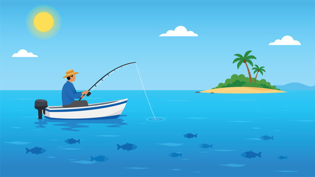 Tropical Island Fishing Boat Ocean Landscape Summer Vacation Marine Nature Background Illustration